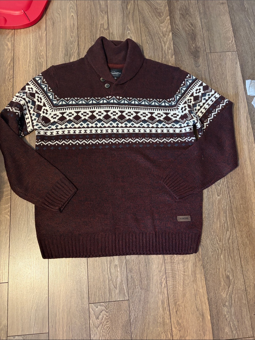 Men's Shawl Turtleneck Fair Isle Sweater in Burgundy